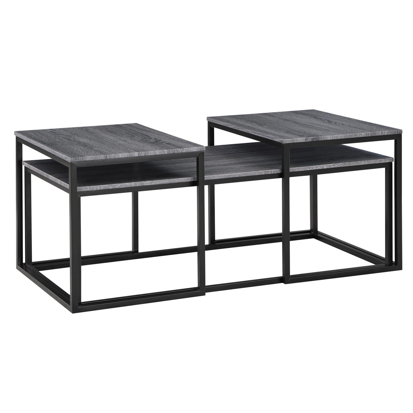 Rebecca 3pc Nesting Coffee and End Table Set, Black Metal, Gray Wood Top