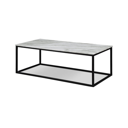 Rebecca 3pc Nesting Coffee and End Table Set, Black Metal, White Marble Top
