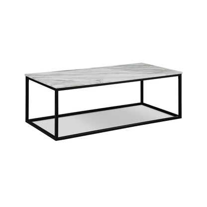 Rebecca 3pc Nesting Coffee and End Table Set, Black Metal, White Marble Top