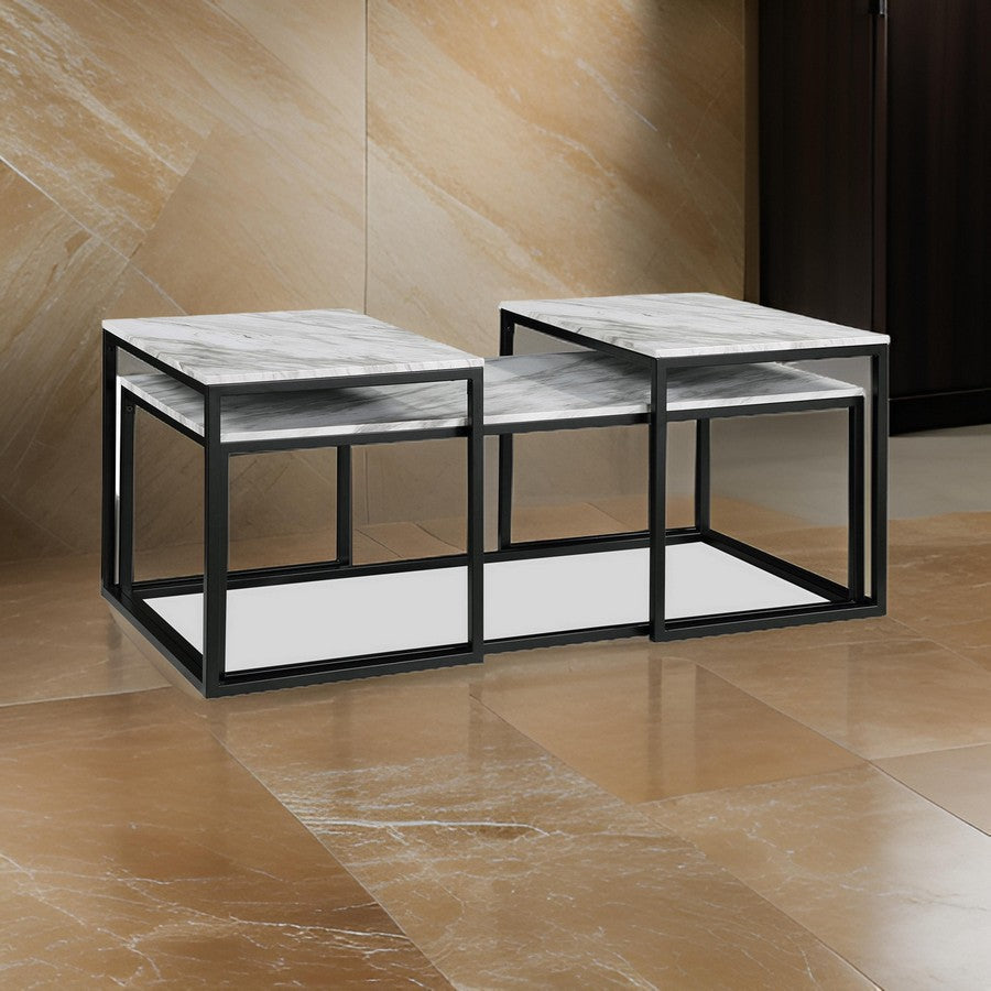 Rebecca 3pc Nesting Coffee and End Table Set, Black Metal, White Marble Top