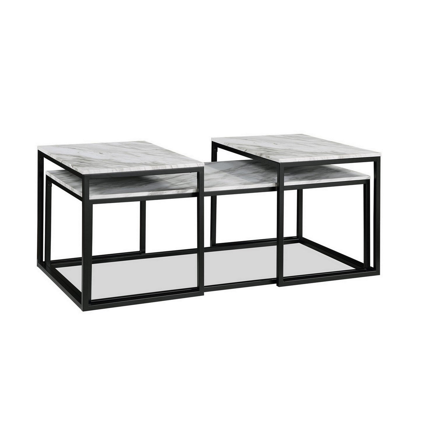 Rebecca 3pc Nesting Coffee and End Table Set, Black Metal, White Marble Top