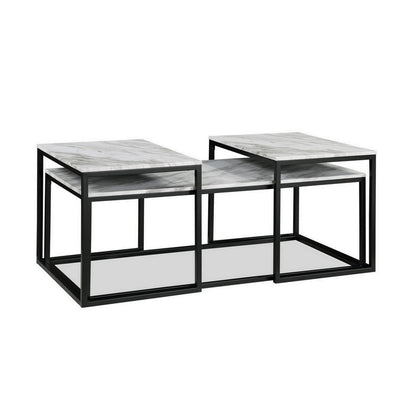 Rebecca 3pc Nesting Coffee and End Table Set, Black Metal, White Marble Top
