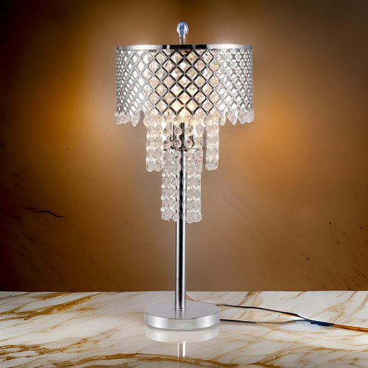 Denise 29 Inch Table Lamp, Glass, Metal Frame, Mesh Shade, Crystals, Gold