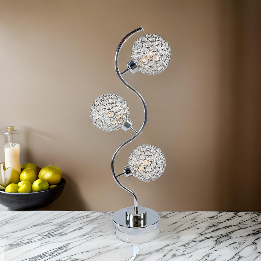 Denise 32 Inch Table Lamp, Metal Frame, Round Base Glass, Crystals, Silver