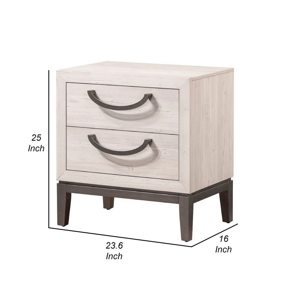 Vice 25 Inch Nightstand, Wood Frame, 2 Drawers, Metal Handles, Beige, Brown