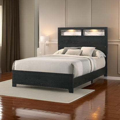Yoh Bed, Wood, Headboard with Lights and Shelves, Black – King
