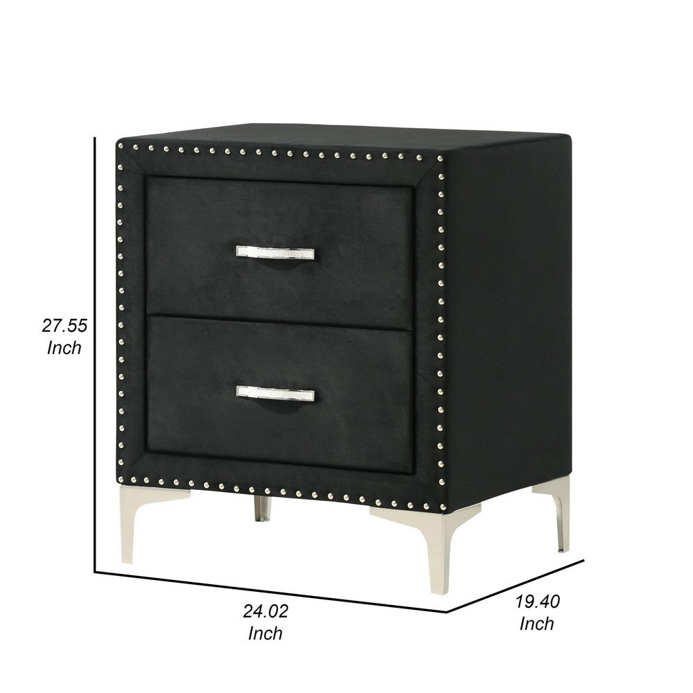 Moha 28 Inch Nightstand, Wood, 2 Drawers, Metal Handles, Black Velvet