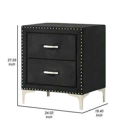 Moha 28 Inch Nightstand, Wood, 2 Drawers, Metal Handles, Black Velvet