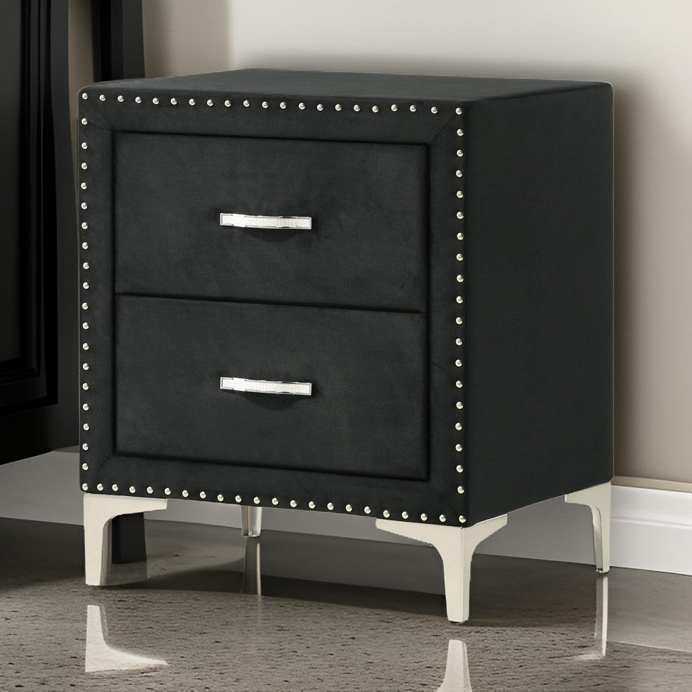 Moha 28 Inch Nightstand, Wood, 2 Drawers, Metal Handles, Black Velvet