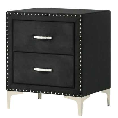 Moha 28 Inch Nightstand, Wood, 2 Drawers, Metal Handles, Black Velvet