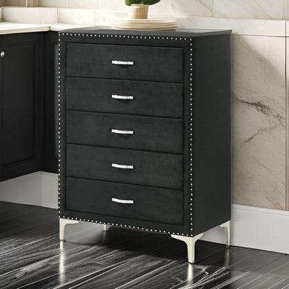Moha 50 Inch Tall Dresser Chest, 5 Drawers, Metal Handles, Black Velvet