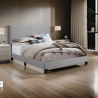 Shirin Full Size Bed, Wood, Nailhead Trim, Upholstered Headboard, Gray