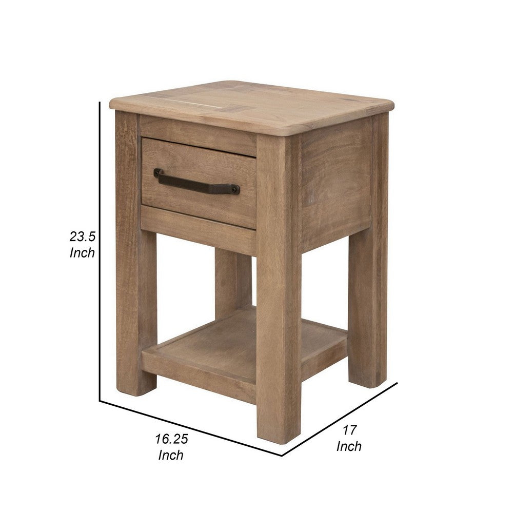 Umey 24 Inch Chairside Table, Drawer, Lower Shelf, Natural Brown Wood