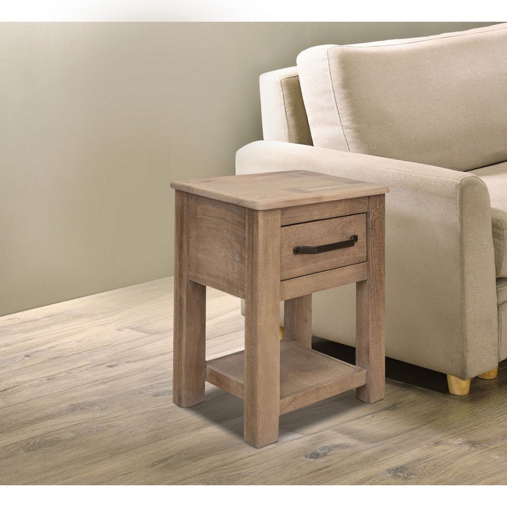 Umey 24 Inch Chairside Table, Drawer, Lower Shelf, Natural Brown Wood