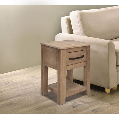 Umey 24 Inch Chairside Table, Drawer, Lower Shelf, Natural Brown Wood