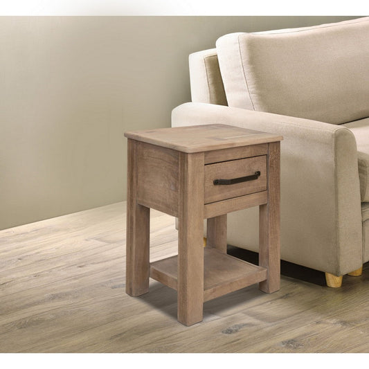 Umey 24 Inch Chairside Table, Drawer, Lower Shelf, Natural Brown Wood