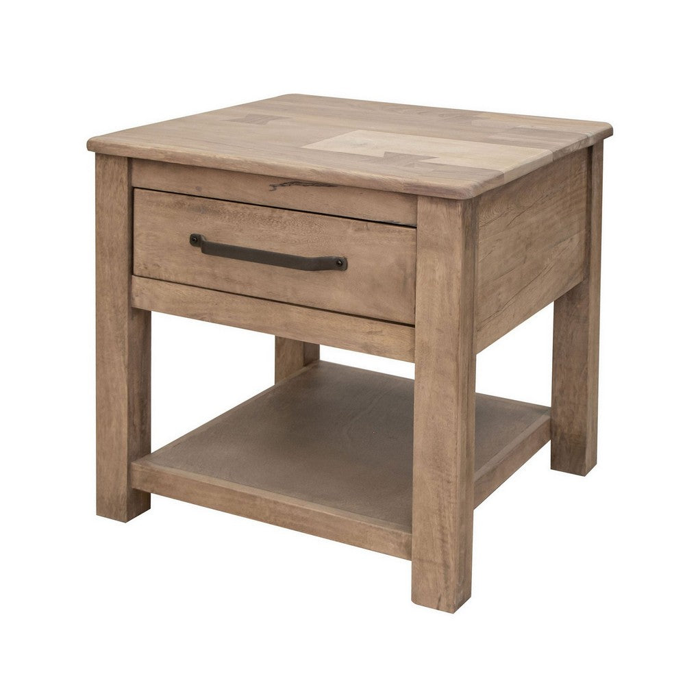 Umey 23 Inch Side End Table, 1 Drawer, Lower Shelf, Natural Brown Wood