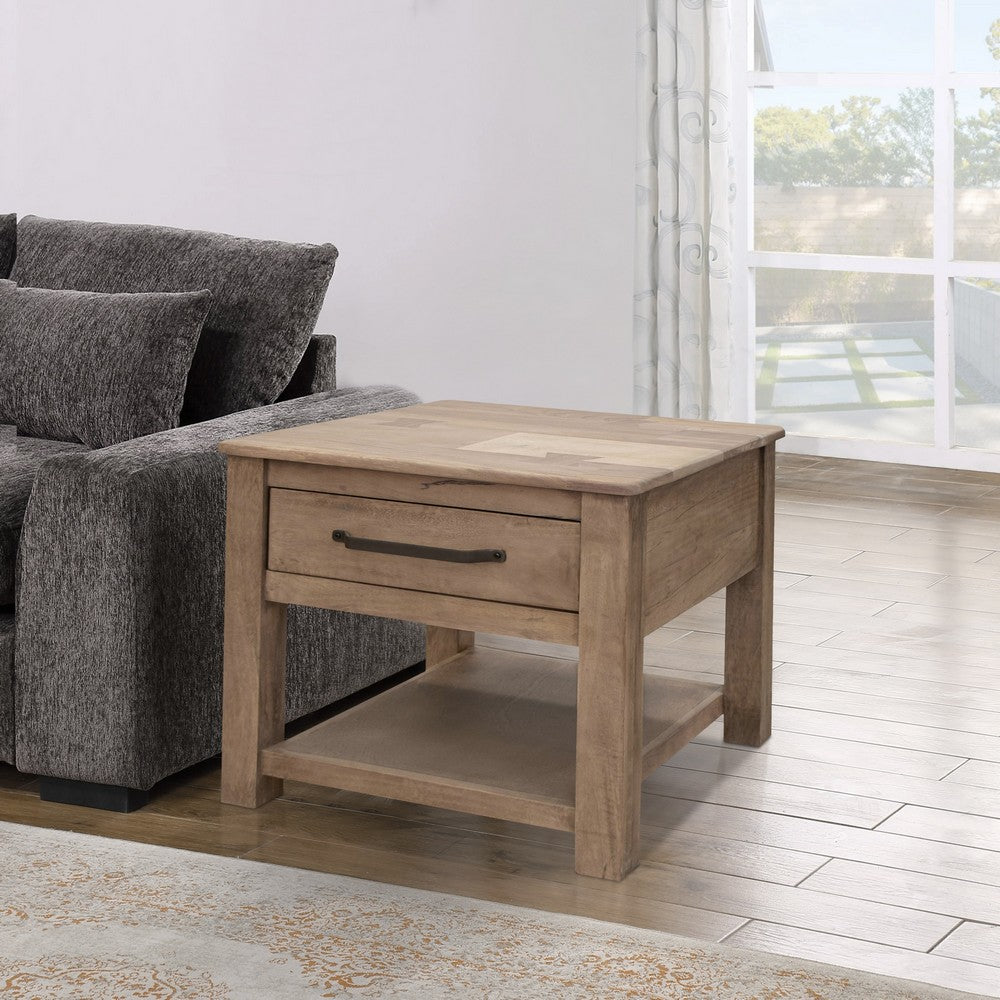 Umey 23 Inch Side End Table, 1 Drawer, Lower Shelf, Natural Brown Wood