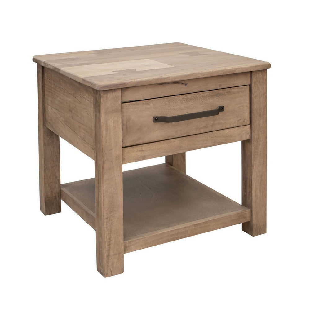 Umey 23 Inch Side End Table, 1 Drawer, Lower Shelf, Natural Brown Wood