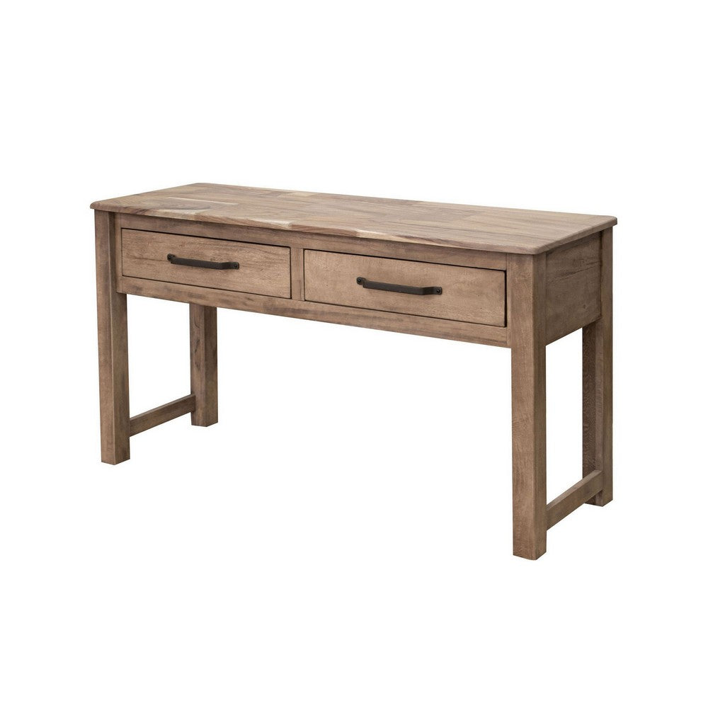 Umey 55 Inch Sofa Console Table, 2 Drawers with Metal Handles, Brown Wood