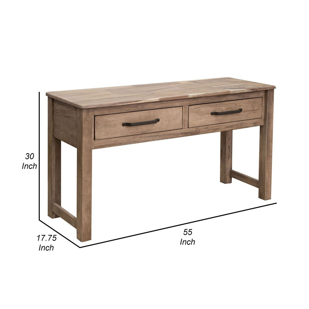 Umey 55 Inch Sofa Console Table, 2 Drawers with Metal Handles, Brown Wood