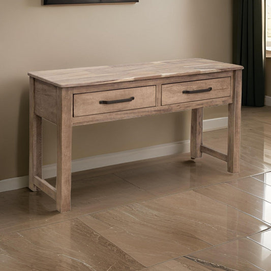 Umey 55 Inch Sofa Console Table, 2 Drawers with Metal Handles, Brown Wood