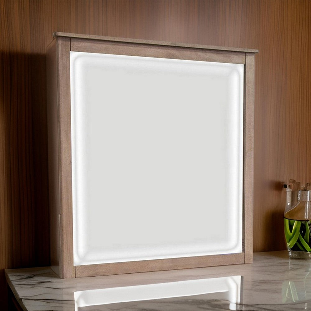 Umey 37 x 38 Inch Dresser Mirror, Beveled, Light Natural Brown Wood Frame