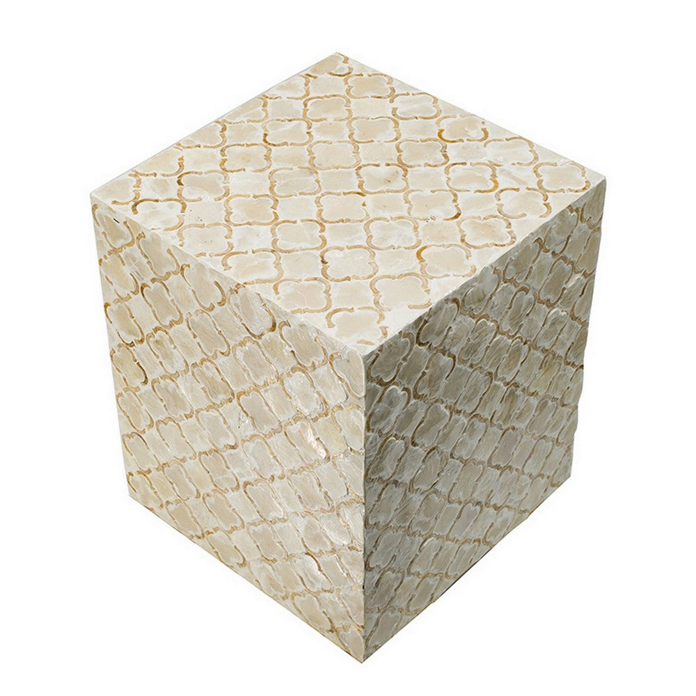 18 Inch Accent Side End Table Stool, Square, Cream Capiz, Gold Base
