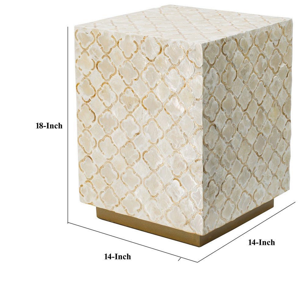 18 Inch Accent Side End Table Stool, Square, Cream Capiz, Gold Base