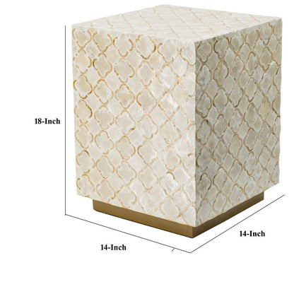 18 Inch Accent Side End Table Stool, Square, Cream Capiz, Gold Base