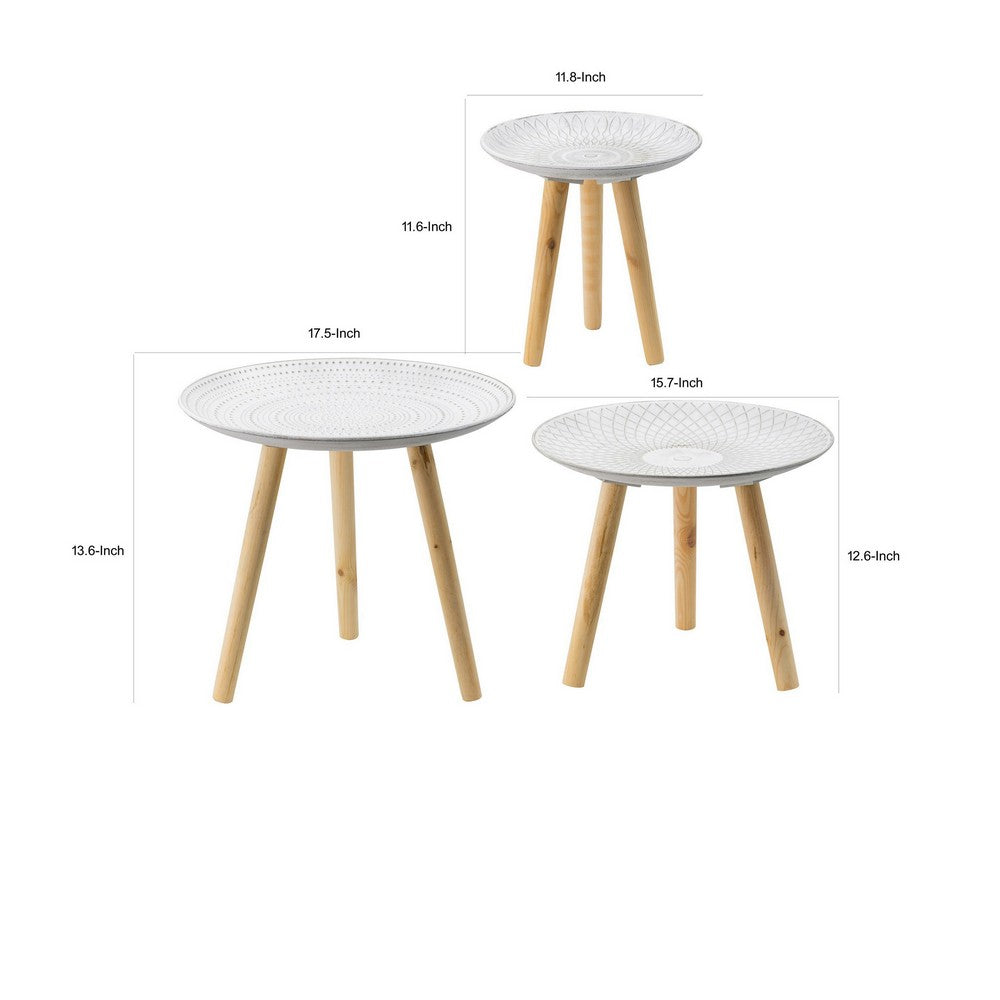 12, 16, 18 Inch Side Tables Set of 3, White Finished Pattern MDF Top, Brown