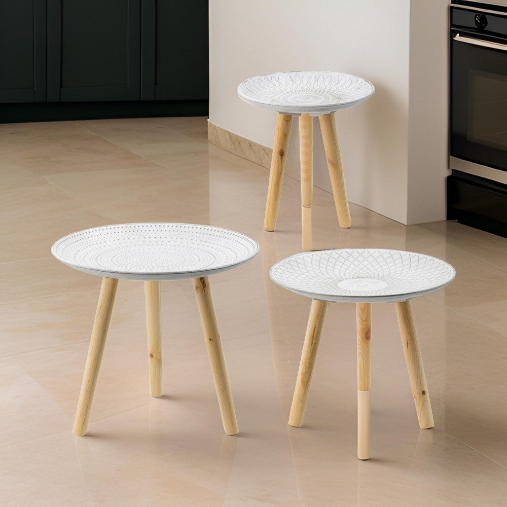 12, 16, 18 Inch Side Tables Set of 3, White Finished Pattern MDF Top, Brown