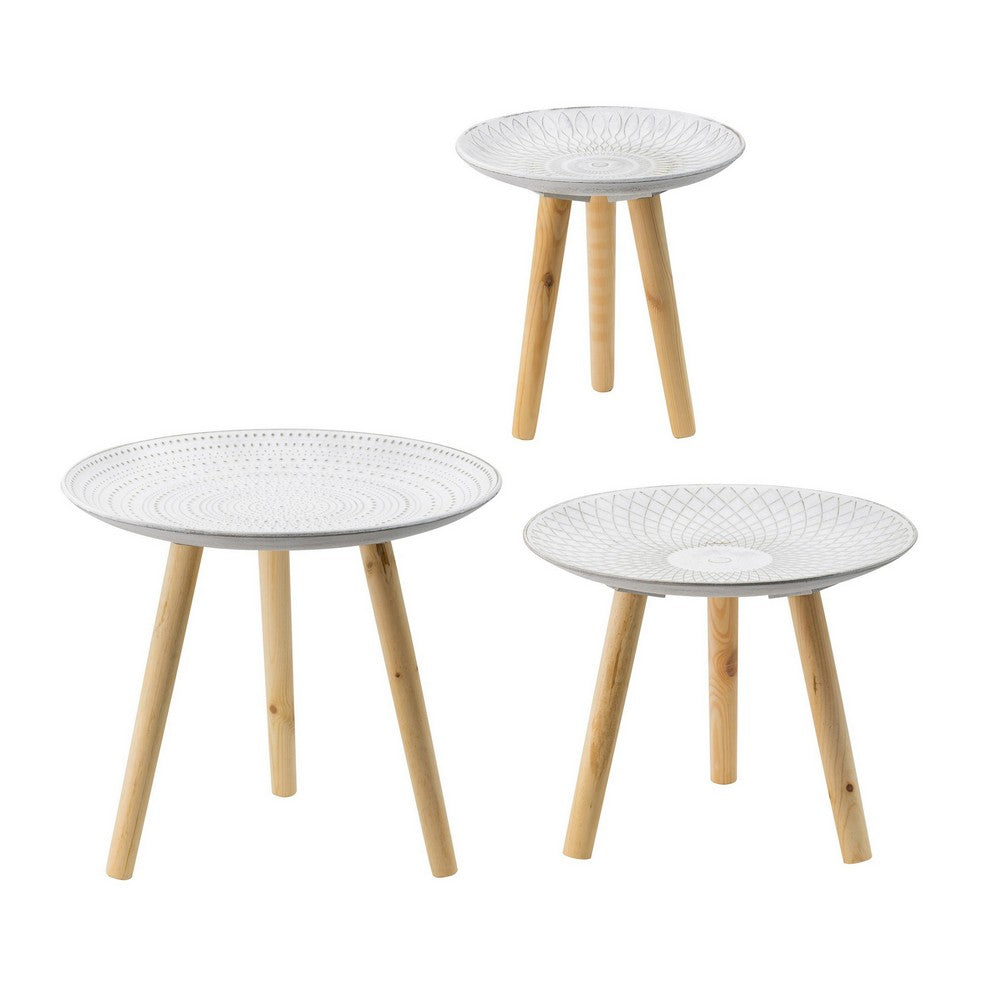 12, 16, 18 Inch Side Tables Set of 3, White Finished Pattern MDF Top, Brown