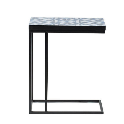 24 Inch Side Table, C Shaped, Indigo Patterned Top, Iron Frame, Black