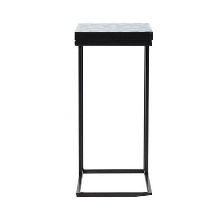 24 Inch Side Table, C Shaped, Indigo Patterned Top, Iron Frame, Black