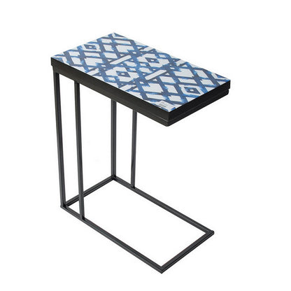 24 Inch Side Table, C Shaped, Indigo Patterned Top, Iron Frame, Black