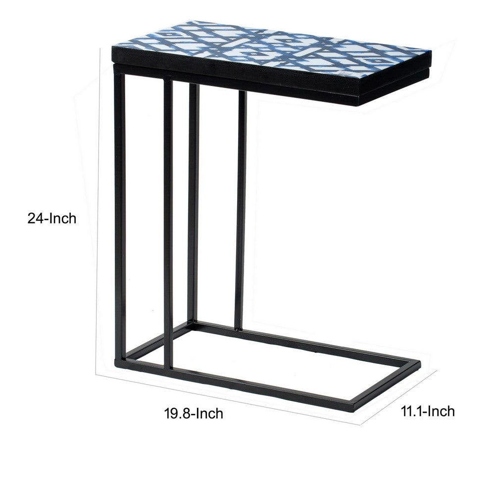 24 Inch Side Table, C Shaped, Indigo Patterned Top, Iron Frame, Black