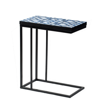 24 Inch Side Table, C Shaped, Indigo Patterned Top, Iron Frame, Black