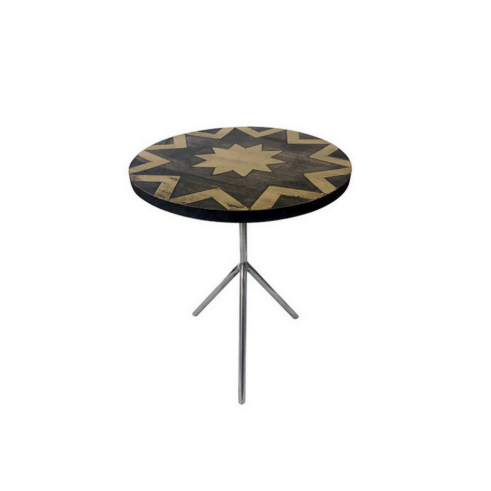 19 Inch Side Tables Set of 2, Inlay Designs, Metal Tripod Base, Brown Wood