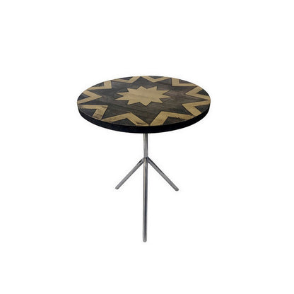 19 Inch Side Tables Set of 2, Inlay Designs, Metal Tripod Base, Brown Wood