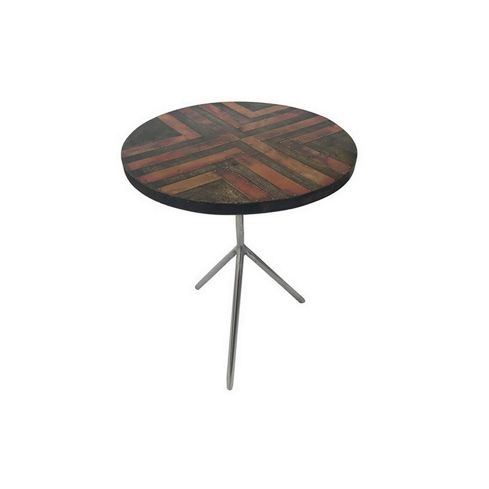 19 Inch Side Tables Set of 2, Inlay Designs, Metal Tripod Base, Brown Wood
