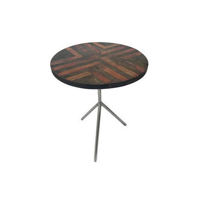 19 Inch Side Tables Set of 2, Inlay Designs, Metal Tripod Base, Brown Wood