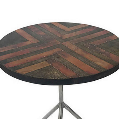 19 Inch Side Tables Set of 2, Inlay Designs, Metal Tripod Base, Brown Wood