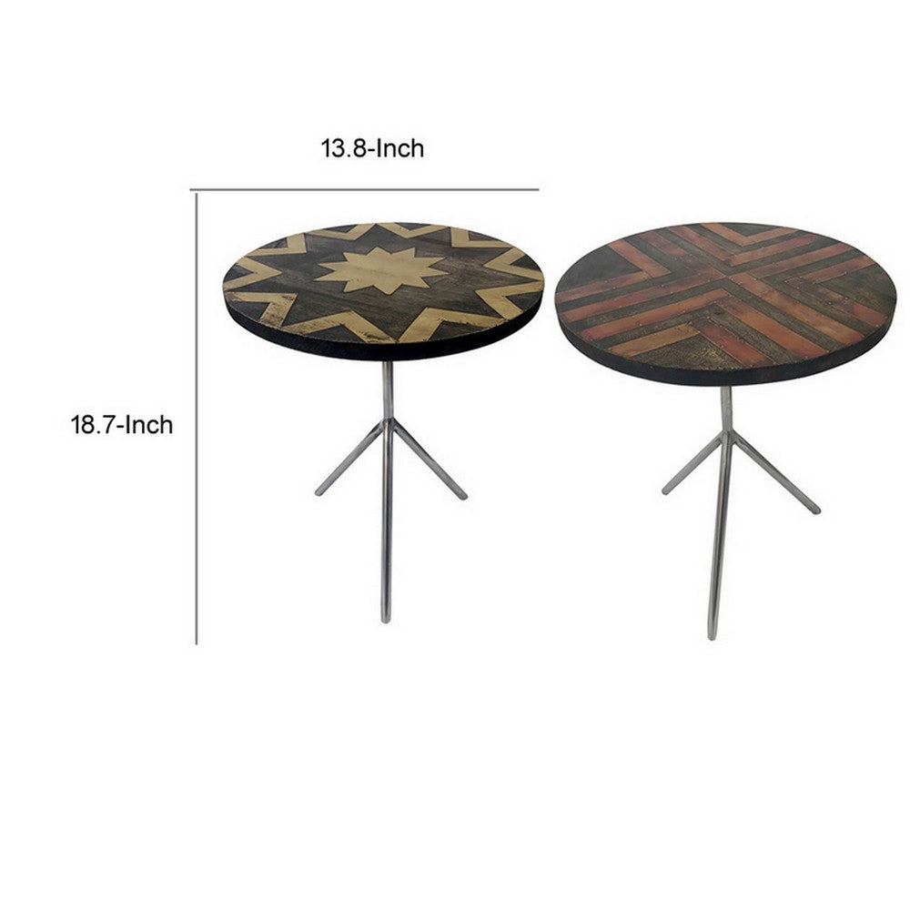 19 Inch Side Tables Set of 2, Inlay Designs, Metal Tripod Base, Brown Wood