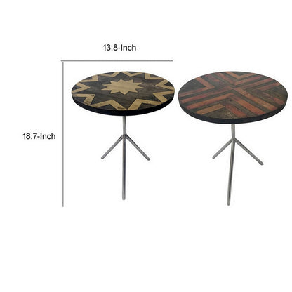 19 Inch Side Tables Set of 2, Inlay Designs, Metal Tripod Base, Brown Wood
