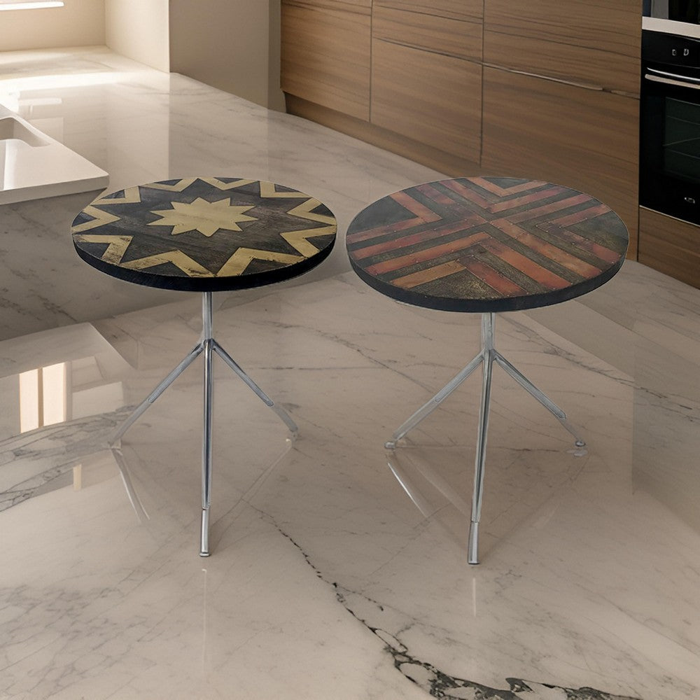 19 Inch Side Tables Set of 2, Inlay Designs, Metal Tripod Base, Brown Wood