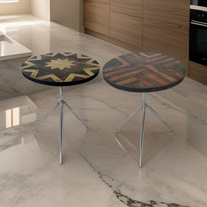 19 Inch Side Tables Set of 2, Inlay Designs, Metal Tripod Base, Brown Wood