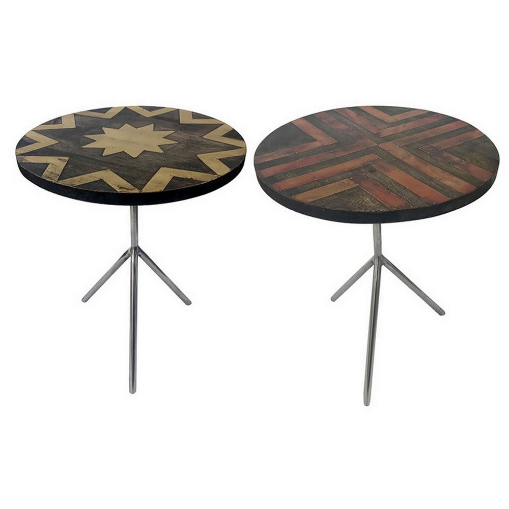 19 Inch Side Tables Set of 2, Inlay Designs, Metal Tripod Base, Brown Wood