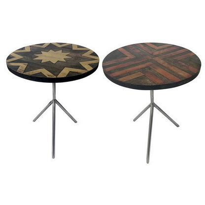 19 Inch Side Tables Set of 2, Inlay Designs, Metal Tripod Base, Brown Wood