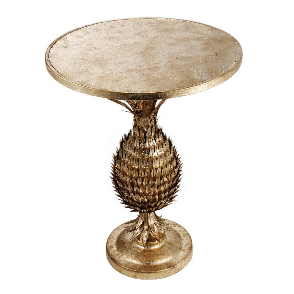 27 Inch Accent Side Table, Turned Pineapple Motif Design, Round Top, Gold